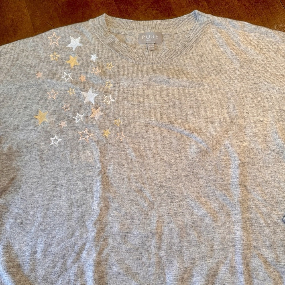 Pure Collection Women 47% Wool 5% Cashmere Sweater Gray Stars Artsy Size 14/16